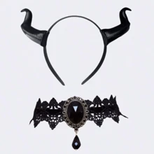 2-Piece Devil Costume Accessory Set, Red-Black Gradient Devil Horn Headband + Gothic Lace Choker With Red Gemstone, Adult Dark Fantasy Role Play Outfit, Suitable For Halloween, Gothic Party And Themed Events - Multicolor - View 3