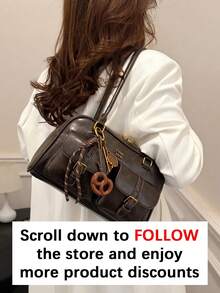 New Bread Knot Pendant Multi-Pocket Pillow Bag,Letter Pattern Decoration Design,Fashionable Coffee Brown Underarm BagShoulder Bag , Y2K Aesthetic - 咖啡棕 - 查看 4