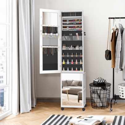 White Freestanding Full Length Mirror Jewelry Armoire With Wheels, Lockable Mobile Jewelry Organizer With Inner Makeup Mirror & Velvet Storage, Rolling Jewelry Cabinet For Bedroom Dressing Room