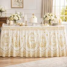 Baptism Table Skirt, White And Gold Cross Theme Polyester Tablecloth With Roses, Pearls And Elegant Religious Patterns, Baby Baptism Ceremony Celebration Decoration - A - View 6