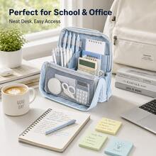 1pc Solid Color Vertical Pencil Holder With Magnetic Closure And Handle, Large Capacity Layered Stationery Storage Box With Slanted Pen Slots, Suitable For School, Office And Travel - A - View 2