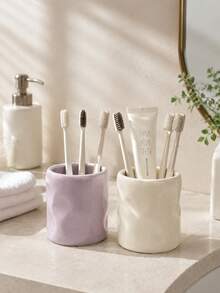Asymmetrical Pleated Texture Toothbrush Holder, Minimalist Cream Style Bathroom Countertop Toothpaste & Toothbrush Storage Cup, Simple Home Sink Bathroom Decor Organizer Rack - Multicolor - View 1