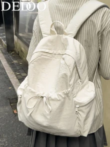 Dedoo 休閒後背包，日常使用後背包，純色尼龍材質，附蝴蝶結抽繩，多口袋設計，極簡風格，適合學生上學與日常出遊 - 白色 - 查看 1