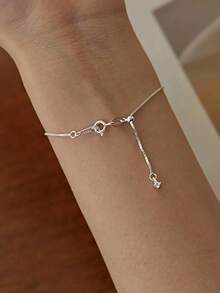 1pc S925 Sterling Silver Minimalist Thin Bracelet For Women, Low-Key Simple Adjustable Chain, Daily Commute Elegant Cold Ins Style Plain Chain, Delicate Accessory Suitable For Girls' Daily Wear - Round - View 8