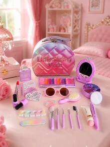 1 Set Little Girl Dress-Up Makeup Toy Set, Princess Gradient PU Grid Handbag, 24pcs Simulated Makeup Set, Girls Stage Performance Role Play Toy, Suitable For 3-6 Years Old Girls, Includes Comb, Glasses, Lipstick, Perfume, Mirror, Etc., Christmas Birthday Gift, Not Real Makeup - Jewelry Set - View 9
