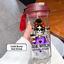 1pc/5pcs 500ml Halloween Summer Water Cup With Skull And Witch Pattern, Transparent Plastic Cup With Flip Lid, Straw And Fabric Handle, Suitable For Iced Coffee, Juice, Oat Milk, Ideal Gift For Best Friend, Birthday, Travel, Car, Office Daily Drinking, All Seasons - Multicolor 1 - View 11