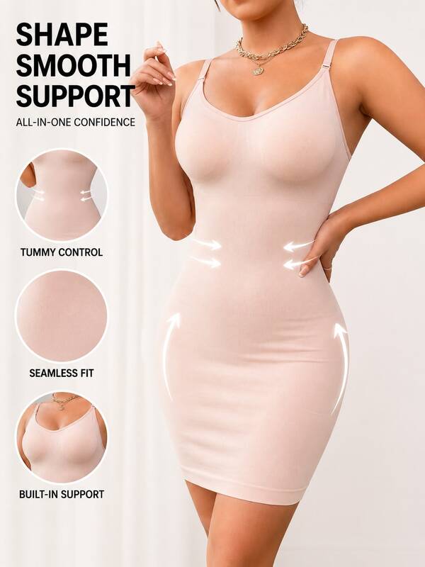 1pc Pink Women's Seamless Body-Shaping Camisole Dress, Adjustable Spaghetti Strap, Bust Support & Coverage, Tummy Control & Waist Smoothing, Butt Lift & Curve Shaping, Skin-Friendly & Seamless Fit, Suitable As Dress Undergarment, Commute, Party & Daily Wear