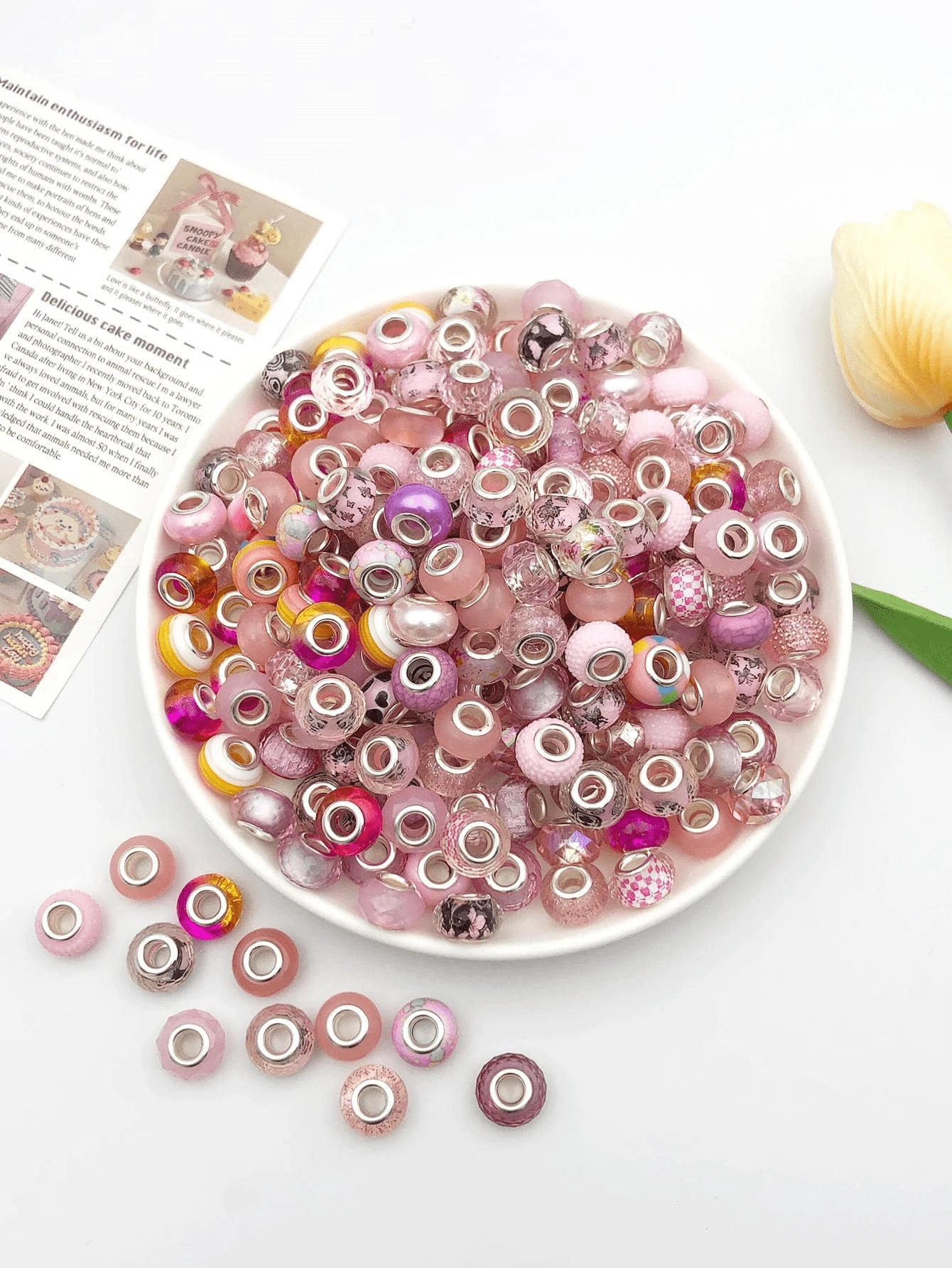 50pcs Pink Tone Large Hole Beads, Multiple Pink Series Beads, Rhinestone Beads, Solid Color Beads And Complex Pattern Beads, Beginner DIY Bracelet Necklace Phone Chain Making Materials - Multicolor - View 1