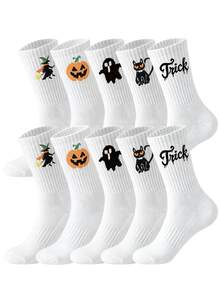 1/5/10 Pairs Men's Halloween Themed Crew Socks, Ghost Pumpkin Witch Black Cat Pattern Ribbed Casual Mid-Calf Socks, Fun Holiday Party Socks Suitable For Daily Wear - Multicolor - View 24