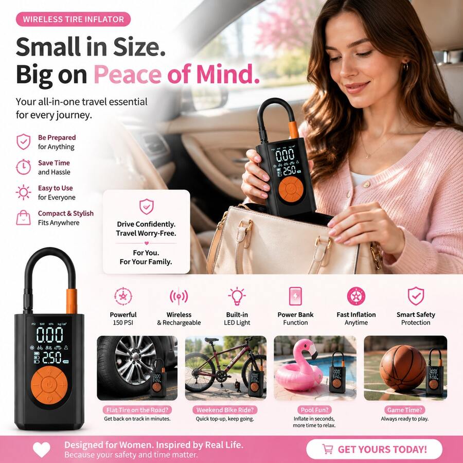 Portable Wireless Mini Air Pump 2000mAh 7.4V, With Digital Dual Display, LED Light And Pressure Gauge, Suitable For Cars, Motorcycles, Bicycles And Balls, Essential Equipment For Spring Travel