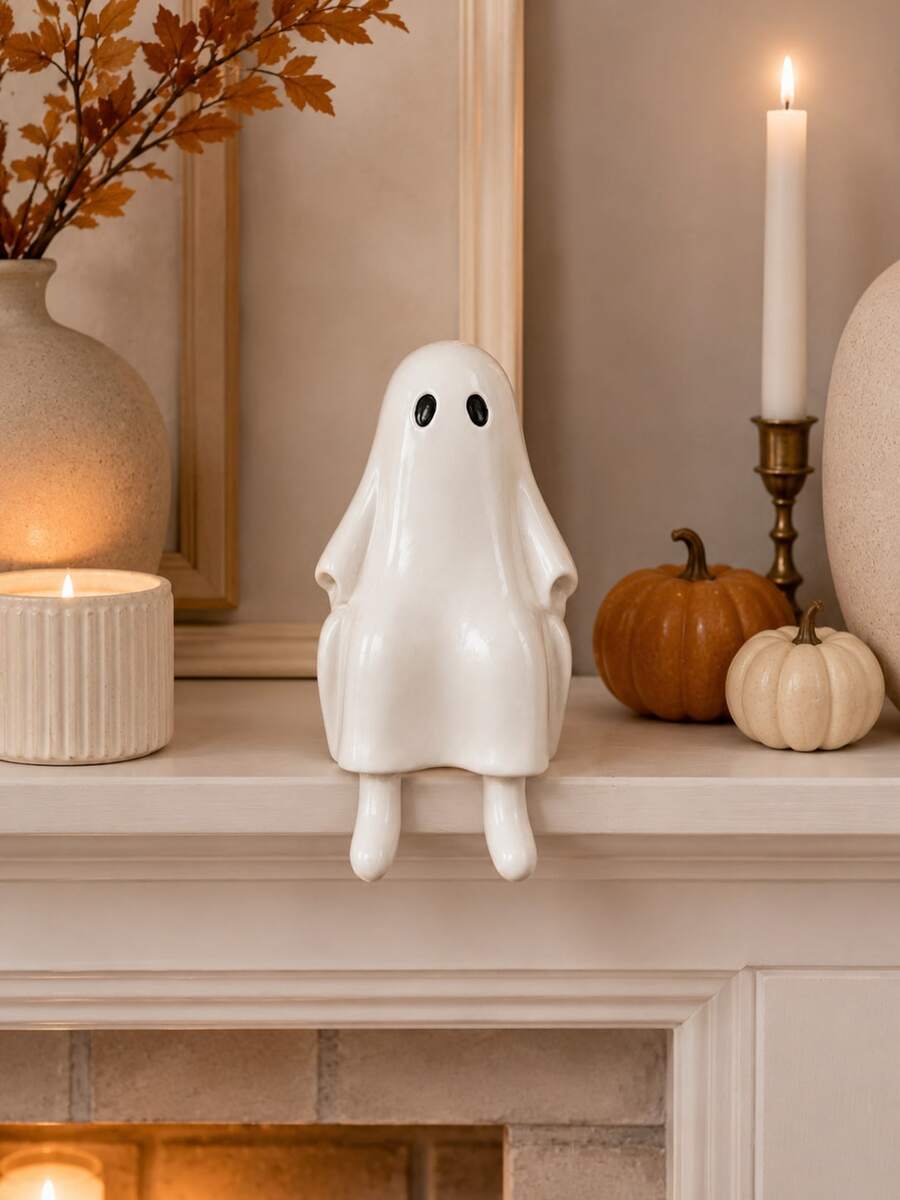 1pc Halloween Sitting Ghost Statue, Adorable White Ghost With Hanging Legs, Cute Spooky Resin Decoration For Fireplace Mantel, Coffee Table, Bookshelf, Kitchen Counter And Autumn Home Decor - Classic - View 1