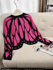 1pc Women's Butterfly Wing Print Short Knit Cardigan Y2K Style Top Suitable For Street, Travel, Party Fall - Hot Pink - View 7