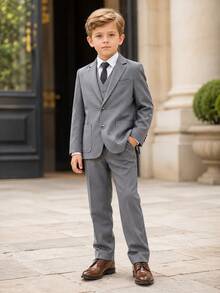 New Boys' Suit Set, Flower Boy Wedding Outfit, Performance Costume, British Style Boys' Performance Suit 3 Pieces Set, Suit Jacket And Pants - Grey - View 6