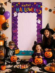 Large Purple Pumpkin Moon Halloween Photo Frame Backdrop, Cute Cartoon Ghost Hanging Decor Selfie Prop, Baby Bath No-Scare Halloween Party Decoration, Selfie Photo Prop Baby Bath Halloween Party Decor, Trick Or Treat Photo Banner, Halloween Theme Party Supplies - Multicolor - View 5