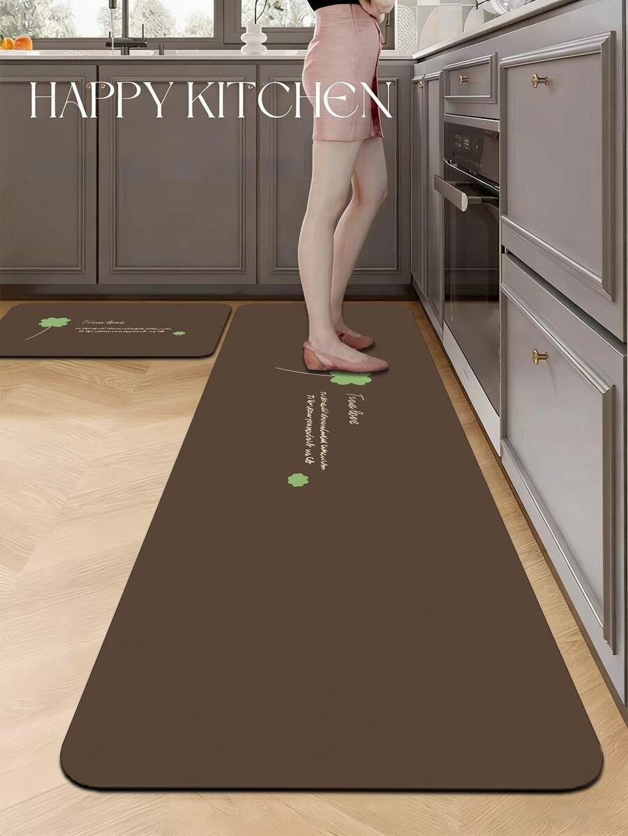 1pc Brown Clover Pattern Kitchen Mat, 3.5mm Soft Rubber Material, Absorbent And Easy To Clean, Suitable For Hallway, Bathroom, Living Room, Outdoor Door Mat And Toilet, All Season, Suitable For Various Holidays - Multicolor - View 1