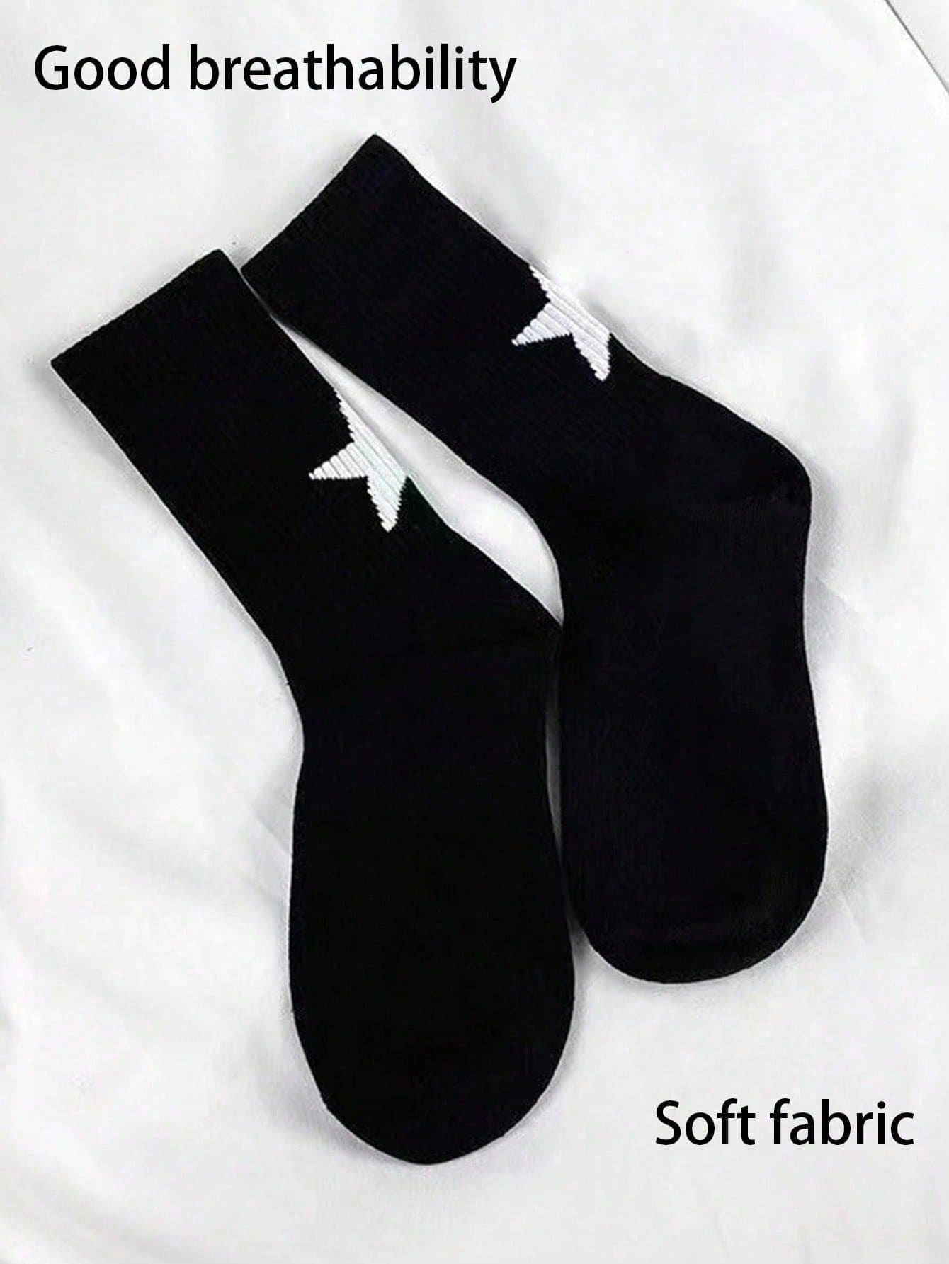 Kaos Kaki Wanita Bergaris Motif Bintang, Gaya Jalanan Warna Kontras Hitam Putih - A - View 1