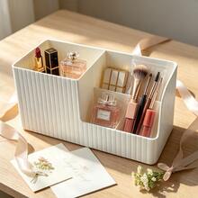Cream White Vertical Stripe Multi-Compartment Cosmetic Storage Box, INS Style Desktop Makeup Organizer, Vanity Lipstick Makeup Brush Eyebrow Pencil Makeup Storage Basket, Plastic Divided Design, Large Capacity Can Store Various Makeup Small Items, Suitable For Bedroom Vanity, Bathroom Countertop, Simple Space-Saving, Practical Home Makeup Storage Organizer For Women - View 7