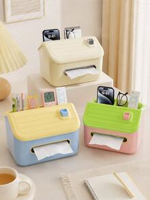 Multifunctional Plastic Tissue Box With Divided Storage Compartments, House‑Shaped Napkin Holder For Phone Remote Pen Eyeglasses, Desktop Organizer For Home Office Table - Multiple Styles - View 3