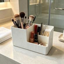 Cream White Vertical Stripe Multi-Compartment Cosmetic Storage Box, INS Style Desktop Makeup Organizer, Vanity Lipstick Makeup Brush Eyebrow Pencil Makeup Storage Basket, Plastic Divided Design, Large Capacity Can Store Various Makeup Small Items, Suitable For Bedroom Vanity, Bathroom Countertop, Simple Space-Saving, Practical Home Makeup Storage Organizer For Women - View 5