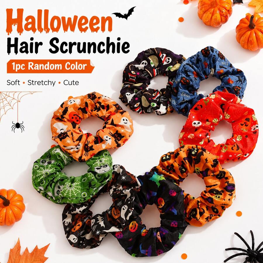 Halloween Hair Scrunchies - Cute Ghost, Pumpkin & Bat Print, Soft & Elastic, Back To School Accessory Gift