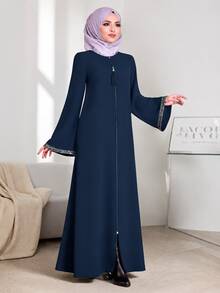 Vestido bata de mujer con cuello redondo y cremallera, de corte holgado, para primavera - Azul Marino - Ver 2
