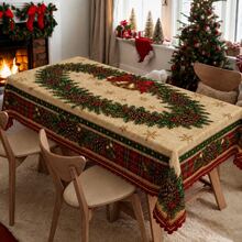 1pc Christmas Party Tablecloth, Reindeer, Holly, Bow Pattern, Rectangular And Round Optional, Pine Branch And Snowflake Print Polyester Tablecloth, Suitable For Holiday Dining Room, Christmas Party, Winter Home Decor - Multicolor - View 8