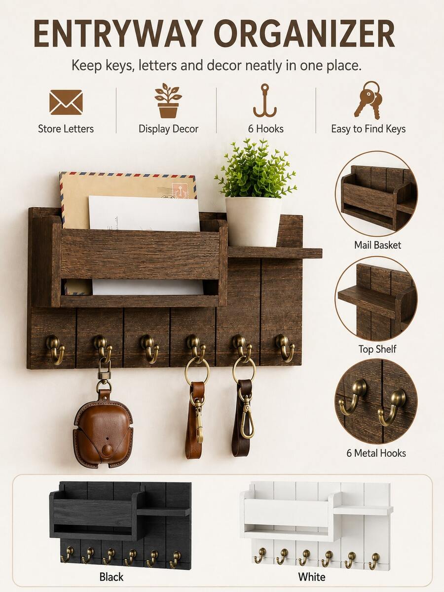 1pc Wall Mounted Key Holder Organizer Shelf, Minimalist Wooden Entryway Storage Rack With Hooks For Keys Mail Accessories And Decor Display, Suitable For Foyer Hallway Apartment Home, All Season - Multicolor - View 1