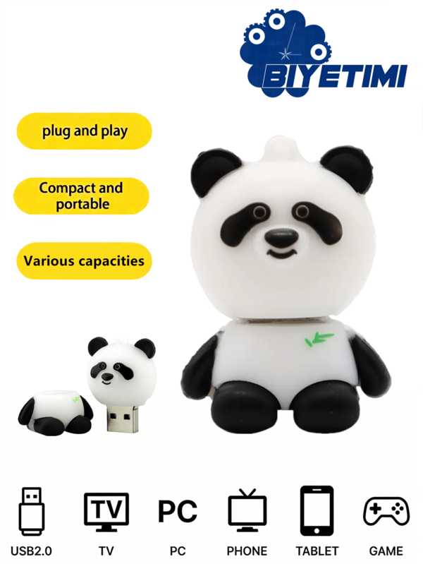 BIYETIMI وحدة ذاكرة فلاش USB على شكل باندا 128GB 64GB 32GB من السيليكون اللطيف USB 2.0 هدية فاخرة