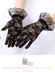 1pair/2/3pcs Wedding Lace Gloves, Hollow Embroidery, Valentine & Christmas, Romantic & Elegant, Fingerless/Full.(Gloves: Main Items, Pouch: Accessory) - Black - View 10