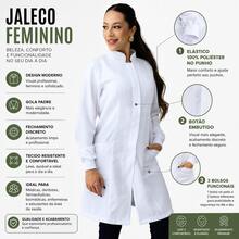 Jaleco Feminino Oxford Branco, Botão Embutido, Gola Padre, Elástico Punho, Acinturado, Manga Longa - Oxford - Branco - Visão 3