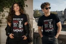 Satanic-Themed Humorous T-Shirt: "Excuse Me, Do You Have Time To Talk About Our Lord And Savior Satan?" - Eye-Catching Red And White Design - Comforta - 黑色 - 查看 1
