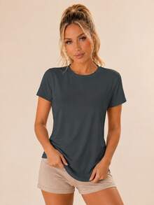 Sodalemon Women's Jacquard Knit Keyhole Backless Criss-Cross Round Neck Short Sleeve Loungewear Top - Dark Grey - View 1