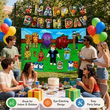 Roblox 16件組遊戲主題生日裝飾套裝，耐用輕量懸掛裝飾，大尺寸派對背景布與字母橫幅，鮮豔多色卡通像素生物圖案，室內牆面裝飾，男孩像素遊戲生日拍照道具 - A - 查看 4