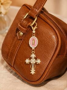1pc Virgin Mary Cross Keychain, Alloy Rhinestone & Pearl Religious Pendant, Universal Charm For Car Keys, Handbags And Backpacks - A - View 4