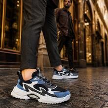 Men's Colorblock Thick Sole Chunky Sneakers Black Blue White Multi-Material Patchwork Low-Top Lace-Up Sneakers Layered Design Casual Style Suitable For Daily Shopping Commuting Travel Light Outdoor Wear Multi-Size Available All-Season Versatile Men's Casual Thick Sole Sneakers - Black Blue White - View 8