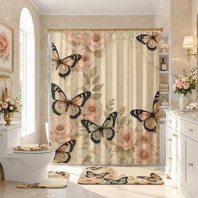 1/4pcs Pink Floral & Butterfly Bathroom Decor Set, Includes Shower Curtain, Bath Mat, U-Shape Toilet Lid Cover, Waterproof, Washable, Modern Style Partition Curtain, No Drilling Required