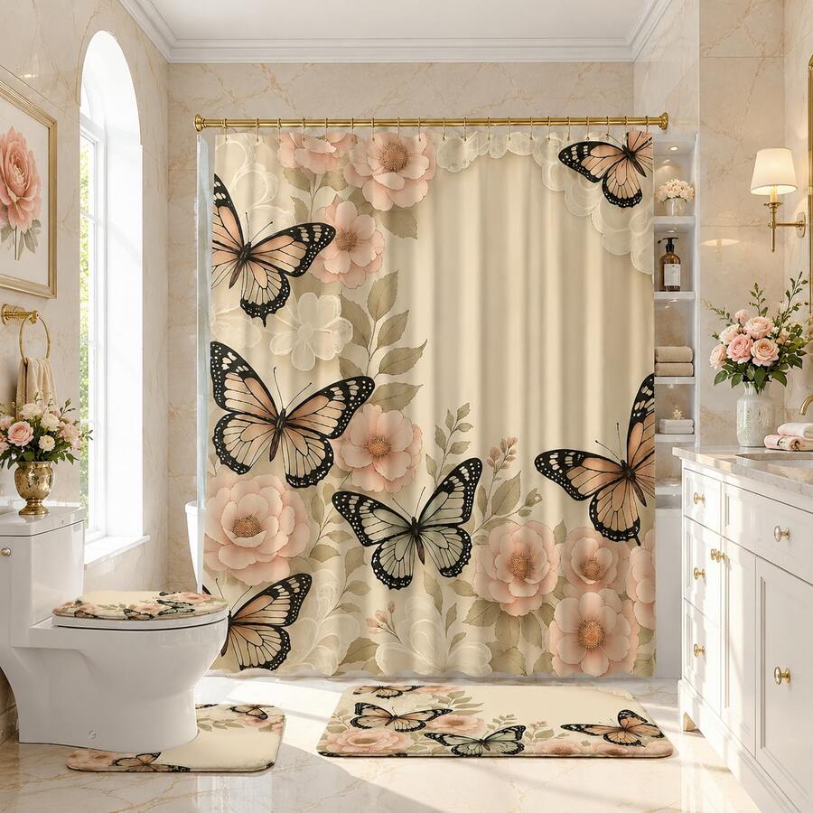 1/4pcs Pink Floral & Butterfly Bathroom Decor Set, Includes Shower Curtain, Bath Mat, U-Shape Toilet Lid Cover, Waterproof, Washable, Modern Style Partition Curtain, No Drilling Required - Multicolor - View 1