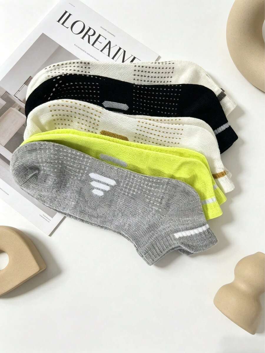 5 Pasang Penghangat Kaki Setengah Betis Bergaris Warna Polos dengan Dekorasi Label Kontras, Set Penghangat Kaki Setengah Betis Kasual Minimalis - B - View 1
