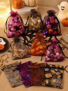 50pcs Halloween Organza Gift Bags With Drawstring Mesh Candy Bags, Pumpkin And Spider Web Pattern, Suitable For Halloween Party Gifts - Organza Bag - View 5