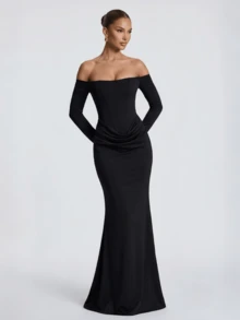 Elegant Women's Black Long Sleeve Off-Shoulder Formal Dress, Ruched Waist Design, Perfect For Evening Parties And Events,  Made Of Medium Stretch - Black - View 4