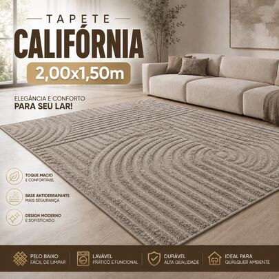 Tapete Sala 2,00x1,50m Alto Relevo Moderno Premium Macio Antiderrapante Quarto Decorativo California