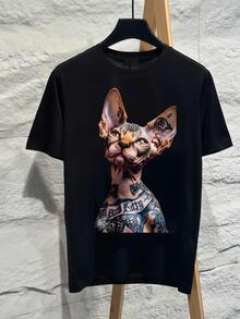Bad Kitty Tattoo Sphynx Cat Graphic T‑Shirt, Cool Street Style Short Sleeve Tee, Casual Soft Cotton Top For Men Women Hip‑Hop Daily Wear Party Outfit - 黑色 - 查看 1