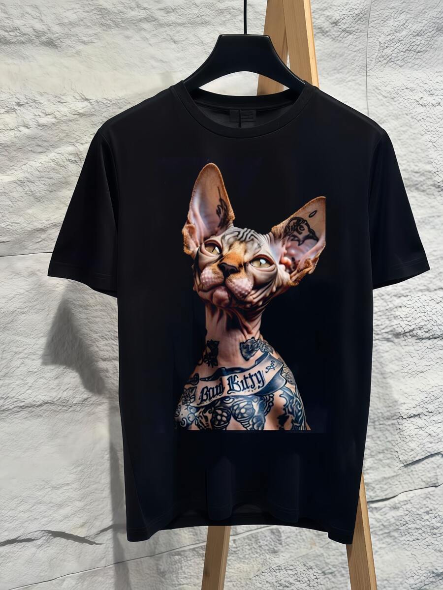 Bad Kitty Tattoo Sphynx Cat Graphic T‑Shirt, Cool Street Style Short Sleeve Tee, Casual Soft Cotton Top For Men Women Hip‑Hop Daily Wear Party Outfit - 黑色 - 查看 1