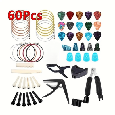 60pcs Ultimate Guitar Accessories Kit - Complete Set For Acoustic Guitar Maintenance, Repair, And Performance - Includes Premium Strings, Guitar Picks, Capo, String Winder & Cutter, Tuner, Guitar Bones, And More Essentials For Guitar Players An