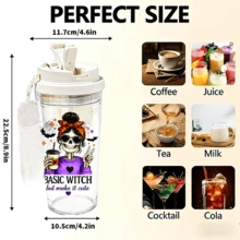 1pc/5pcs 500ml Halloween Summer Water Cup With Skull And Witch Pattern, Transparent Plastic Cup With Flip Lid, Straw And Fabric Handle, Suitable For Iced Coffee, Juice, Oat Milk, Ideal Gift For Best Friend, Birthday, Travel, Car, Office Daily Drinking, All Seasons - Multicolor 1 - View 5