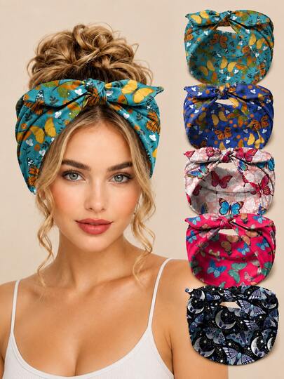 5pcs/Set Women's Wide Rabbit Ear Headband Set, Soft Elastic Knotted Bow Headband, Butterfly Print Headband, Versatile Fashion Women's Hair Accessories, Aesthetic Style