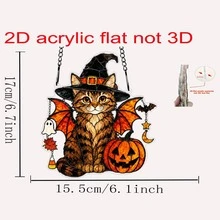 Wizard Hat Bat Wings Tabby Cat Acrylic Hanging Ornament, Sun Catcher Pumpkin Halloween Door & Window Hanging Decoration (2D Flat, Not 3D) - A - View 3