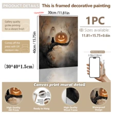 1pc Canvas Wall Art With Frame, Vintage Dark Academia Style Halloween Decor, Glowing Pumpkin Lantern, Black Cat, Cute Ghost, Twisted Autumn Withered Tree, Dark Atmosphere Oil Painting Print Poster, Quirky Country Farmhouse Dark Aesthetic Decorative Hanging Painting, Suitable For Modern Home Decor, Room Decor, Dorm Decor - Pumpkin - View 18