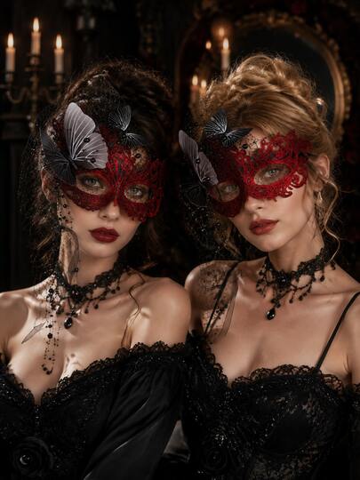 2pcs Red Black Lace Masquerade Mask Set 3D Butterfly Tulle Veil Gothic Halloween Party Costume Women Carnival Prom Photo Props