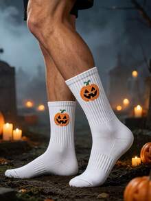 1/5/10 Pairs Men's Halloween Themed Crew Socks, Ghost Pumpkin Witch Black Cat Pattern Ribbed Casual Mid-Calf Socks, Fun Holiday Party Socks Suitable For Daily Wear - Multicolor - View 5